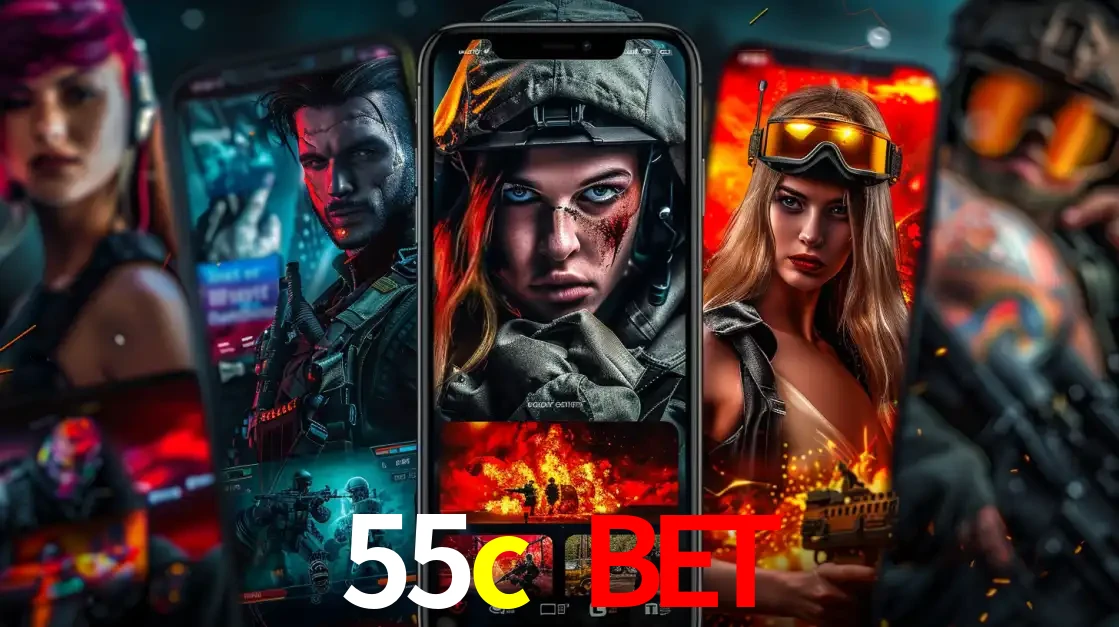 Montagem de telas de celular mostrando diversos personagens, masculinos e femininos, de um jogo de tiro, ilustrando a diversidade de equipes de e-sports para apostar no 55c bet.