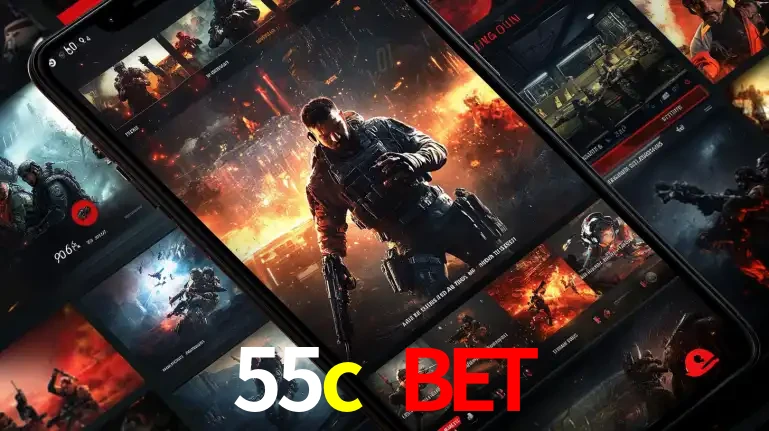 Tela de um celular exibindo uma galeria de jogos de tiro com temática militar, mostrando a variedade de e-sports disponíveis para apostas na plataforma de entretenimento 55c bet.