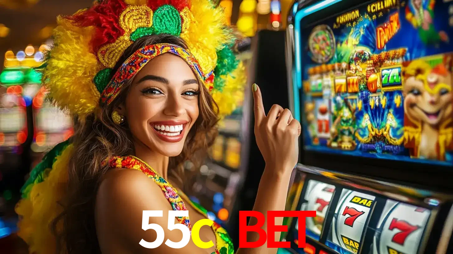 Mulher animada com um cocar de carnaval apontando para uma máquina de caça-níqueis, mostrando a emoção de ganhar um grande prêmio nos jogos do 55c bet.