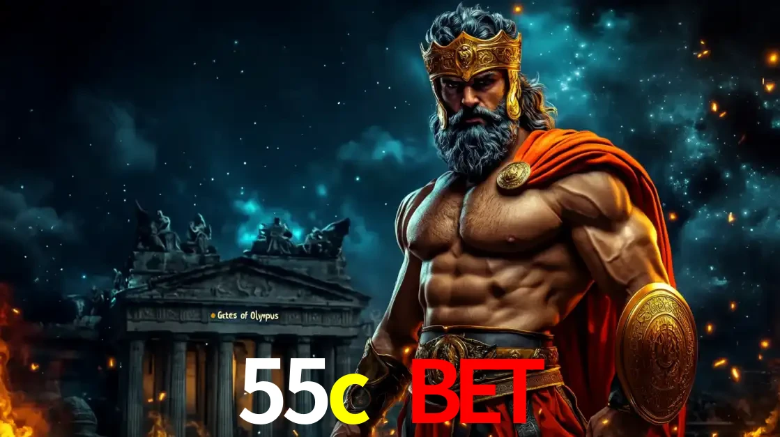 O poderoso Zeus do jogo de slot Gates of Olympus em frente ao seu templo, pronto para lançar multiplicadores divinos e prêmios épicos no cassino online 55c bet.