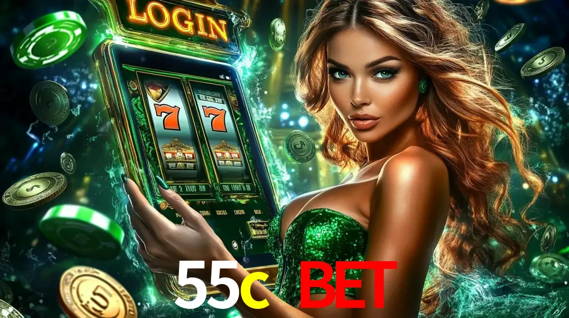 Mulher com tema verde apresentando o aplicativo do cassino 55c bet com um jogo de slot de 777, cercada por fichas de cassino e uma aura de sorte.