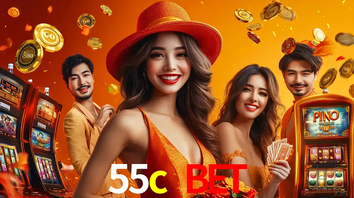 Grupo de amigos asiáticos sorrindo e se divertindo com máquinas de caça-níqueis em um ambiente festivo, celebrando suas vitórias nos jogos de cassino do 55c bet.