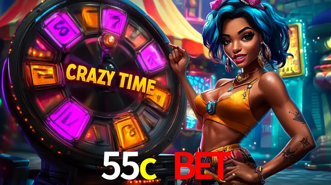 Mulher estilizada com cabelo azul e visual vibrante posando ao lado da roda de prêmios do game show Crazy Time, convidando para a diversão e os bônus do cassino 55c bet.