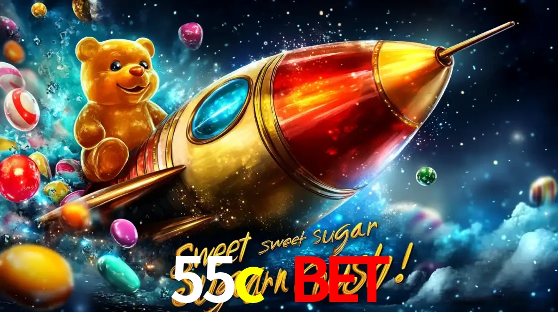 Arte promocional do jogo de slot Sugar Rush, com um urso de pelúcia em um foguete viajando pelo espaço de doces, um dos jogos divertidos disponíveis no cassino 55c bet.