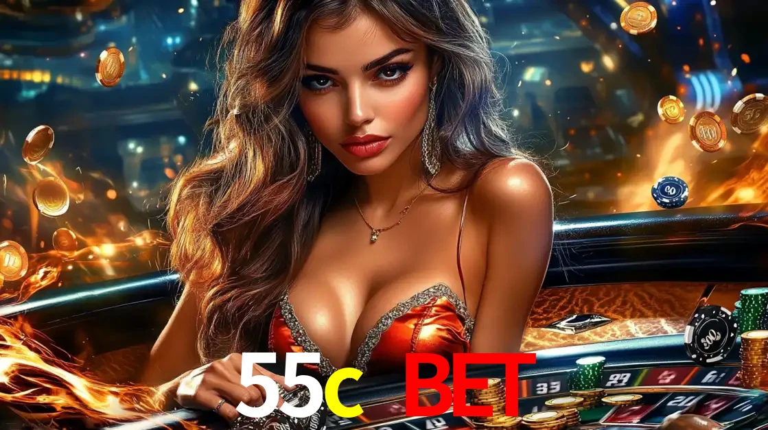 Mulher glamourosa em uma mesa de roleta com um fundo de chamas e moedas voadoras, pronta para fazer sua aposta e ganhar grandes prêmios no cassino ao vivo 55c bet.