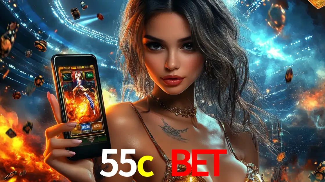 Mulher segurando um celular com um jogo de slot em destaque, tendo como fundo um estádio vibrante, simbolizando a emoção de jogar no cassino móvel 55c bet.