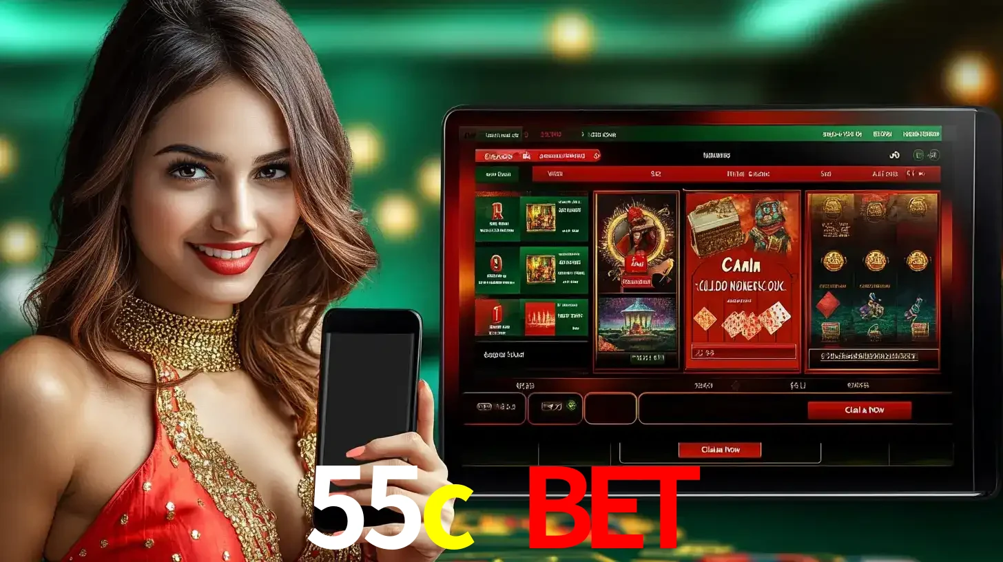 Mulher sorridente segurando um smartphone, ao lado de uma tela exibindo o lobby de jogos do cassino online 55c bet, com várias opções de jogos de cartas e slots.
